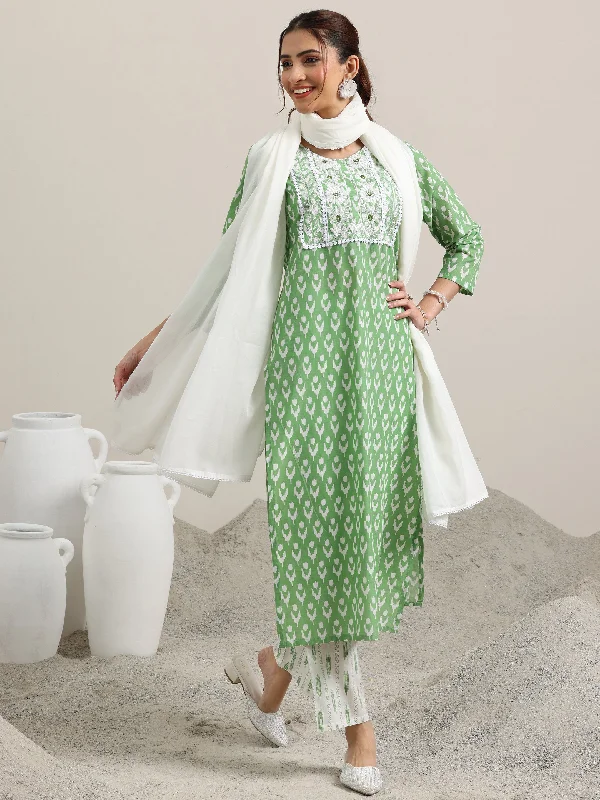 Embroidered Letters Green Printed Cotton Straight Suit With Dupatta