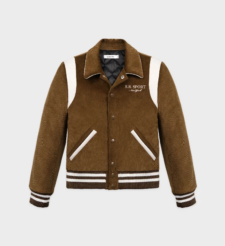 Street Charm SR Sport Corduroy Varsity Jacket - Brown/White