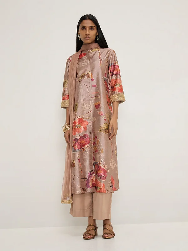 College Style Vark Light Brown A-Line Kurta, Palazzos and Dupatta Set