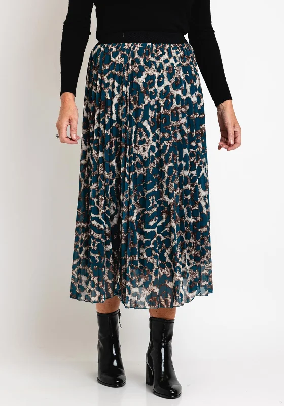 Fashion Selection Serafina Collection One Size Pleated Leopard Print Midi Skirt, Teal