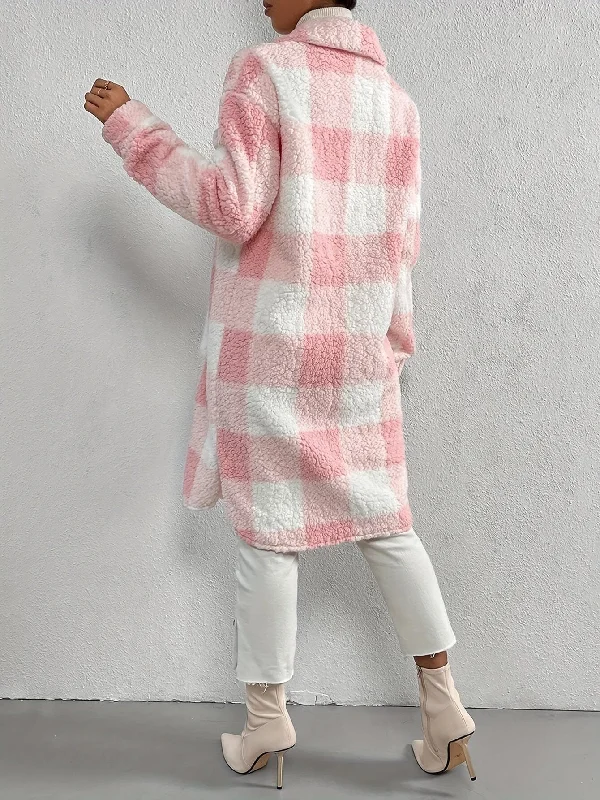 Floral Prints Open Front Plaid Teddy Coat