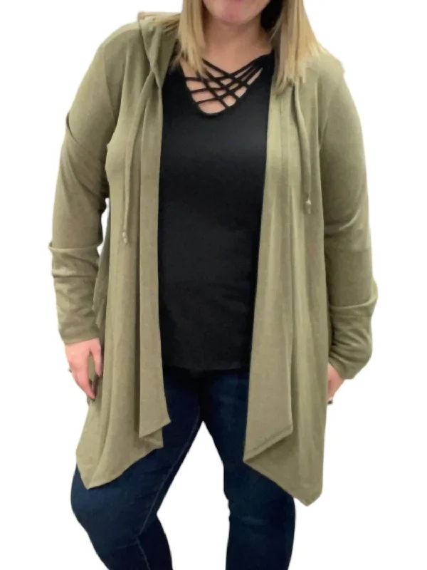 Trendy And Casual Long Sleeve Hooded Cardigan In Olive