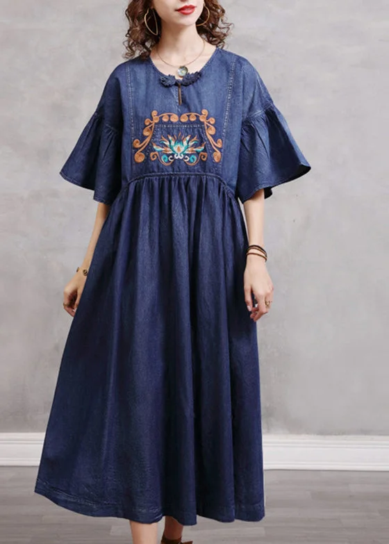 Personalized Wear Stylish Blue O-Neck Cinched Embroideried Cotton denim Dresses Butterfly Sleeve