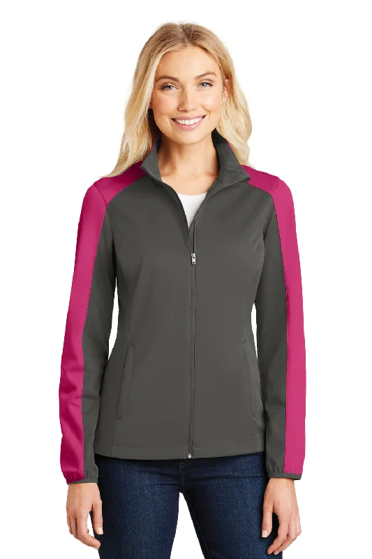 Short Design Port Authority Womens Active Wind & Water Resistant Full Zip Jacket - Steel Grey/Azalea Pink - Closeout