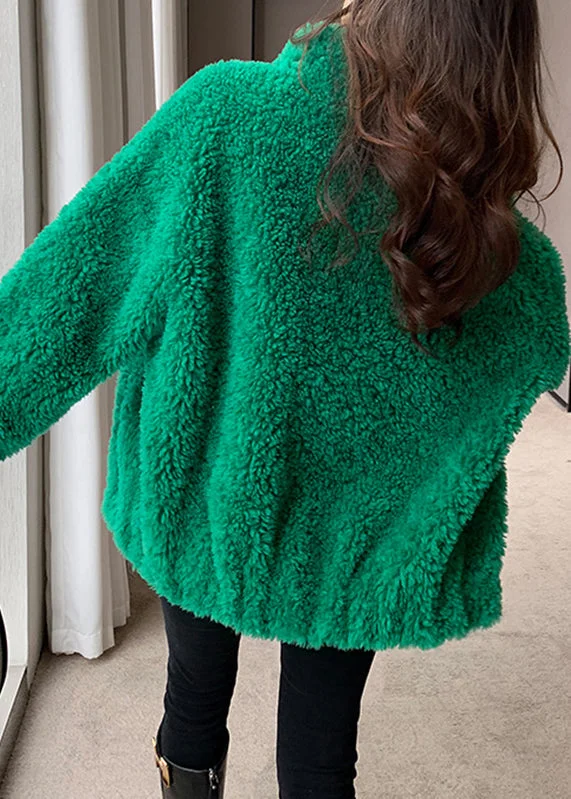 Street Cool DIY Green Stand Collar Zippered Cozy Faux Fur Coat Long Sleeve