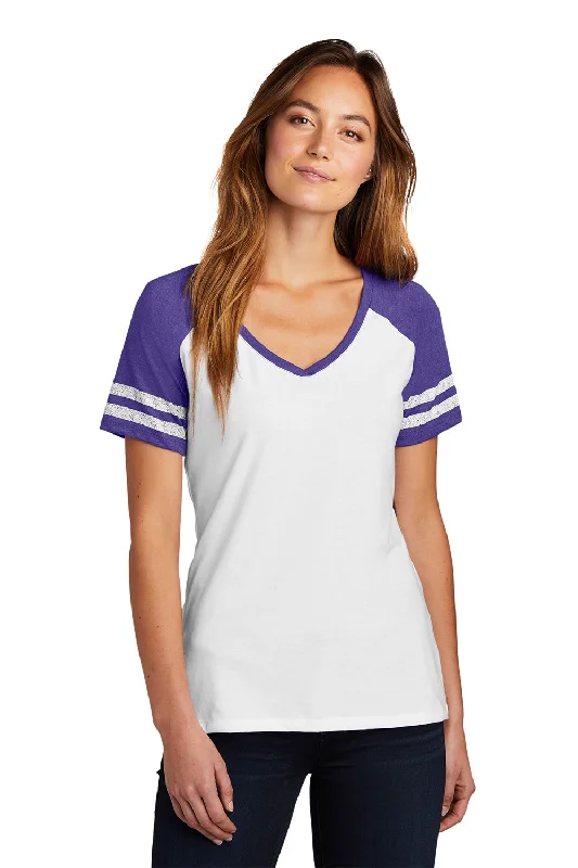 Tropical Style District Womens Game Short Sleeve V-Neck T-Shirt - White/Heather Purple - Closeout