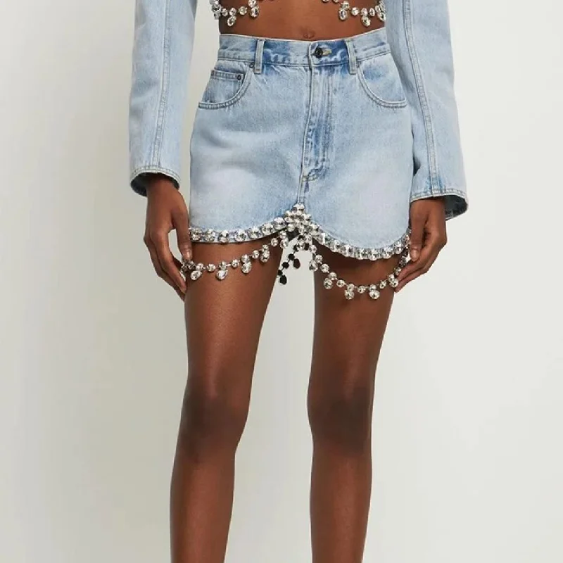 Eye-catching Personality High Waist Diamond Patchwork Denim Mini Skirt with Pockets