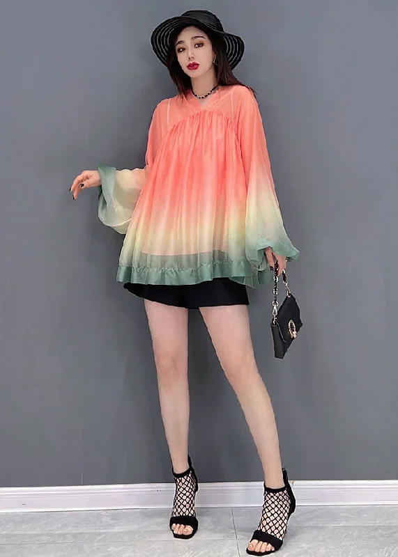 Girl Style Unique Red Gradient color V Neck Wrinkled Tulle Top lantern sleeve