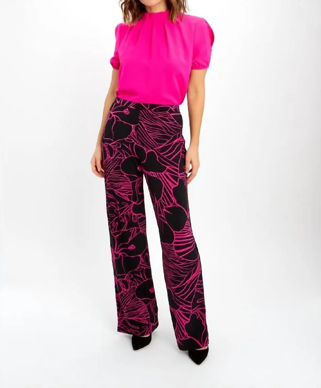 High Street Style Abstract Print Pants In Black/fuchsia