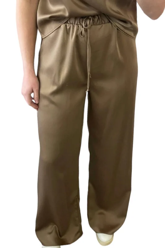 Simple And Comfortable Elastic Waist Satin Pants In Coffee