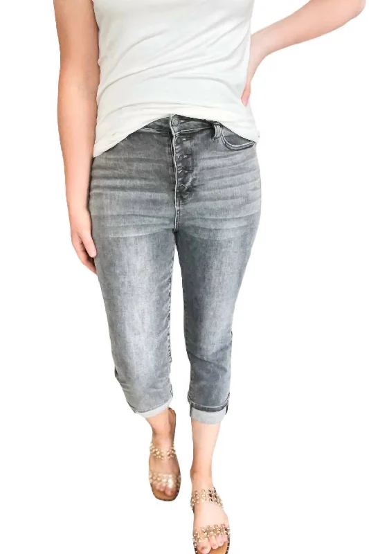 Ethnic Style High Waist Cuffed Button Fly Capri Pants In Grey