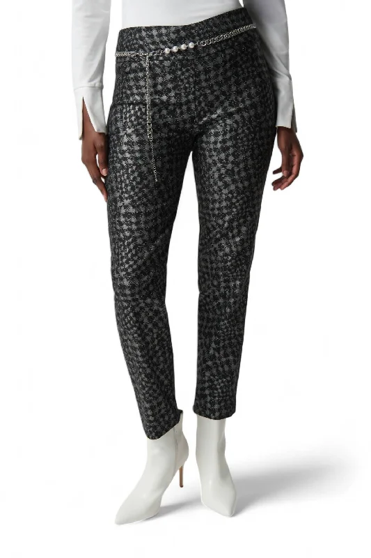 Ethnic Style Houndstooth Millennium Pull-On Pants With Pearl Belt In Black/multi