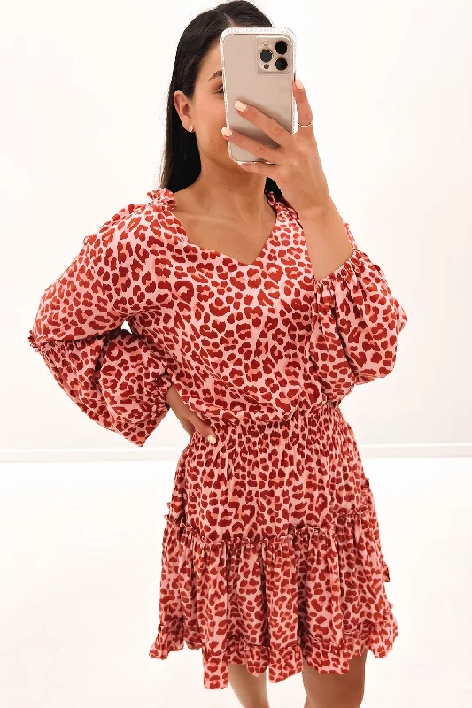 Embroidered Letters Kahlo Mini Dress Berry Leopard