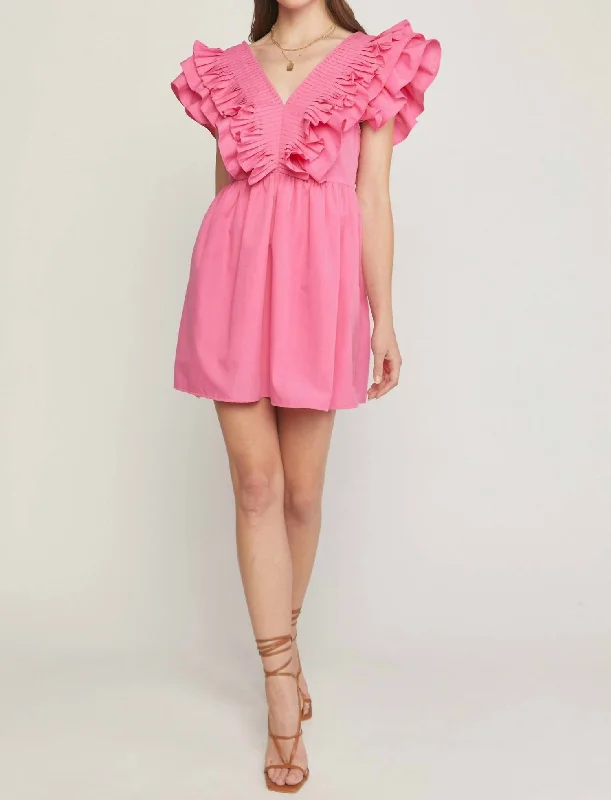 Sports Design Kristen V-Neck Ruffle Sleeve Mini Dress In Pink