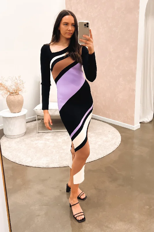 Short Design Monte Stripe Midi Dress Black Lilac Coffee