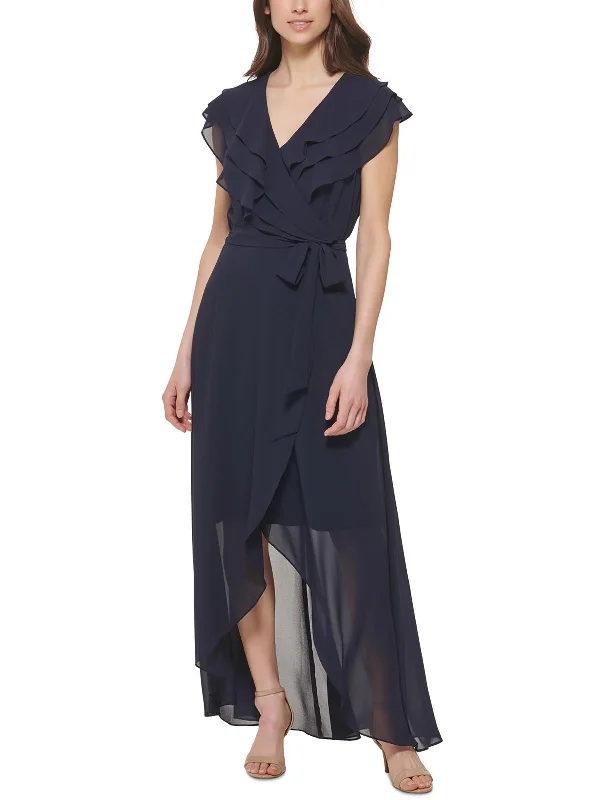 Luxury Temperament Petites Womens Ruffled Hi-Low Wrap Dress