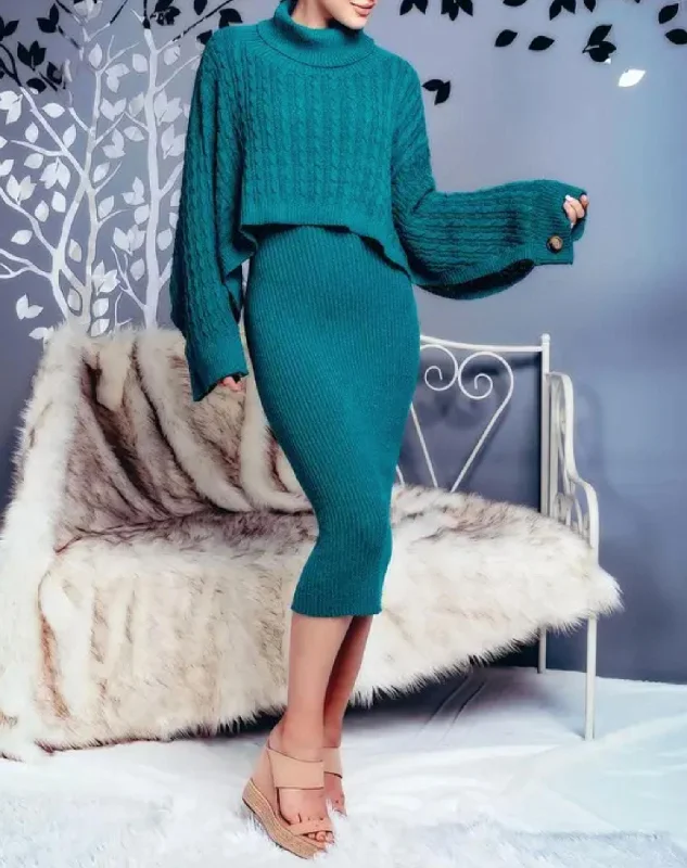 Outdoor Trend Ribbed Midi Dress And Turtleneck Sweater Set in Teal