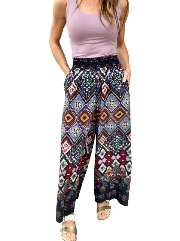 Slightly Flared Design Smocked Waist Boho Print Pants In Blue