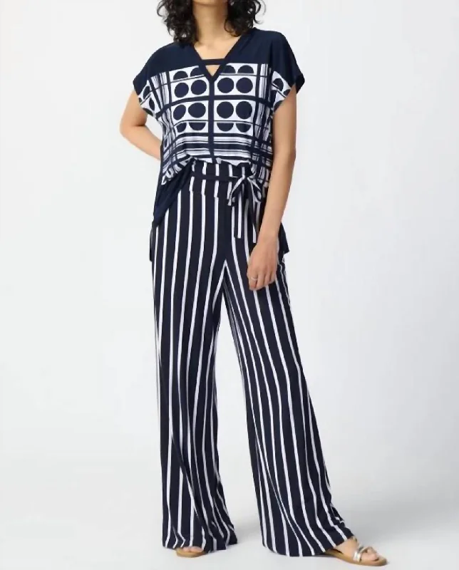 Celebrity Must-have Striped Silky Knit Wide-Leg Pants In Midnight Blue/vanilla