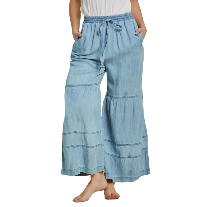 Outdoor Trend Tiered Wide Leg Pants In Washed Denim