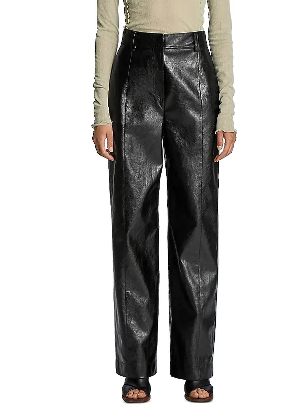 French Style Womens Faux Leather High Rise Straight Leg Pants