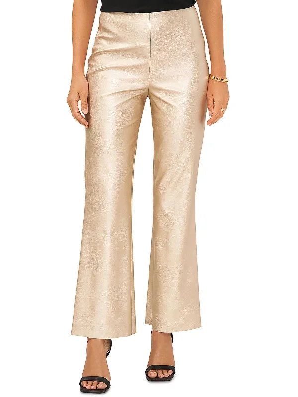 British Style Womens Faux Leather Metallic Flared Pants