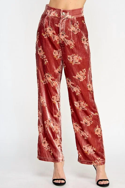 Comfortable Fashion Women's Floral Velvet Trousers In Red