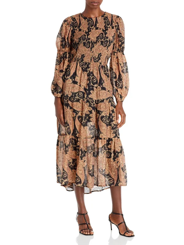 Playful Style Womens Smocked Paisley Midi Dress