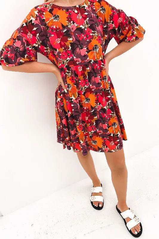 High Street Style Yasmin Bubble Sleeve Mini Dress Berry Floral