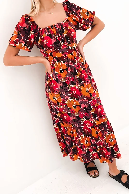 Cute Design Yasmin Frill Hem Midi Dress Berry Floral